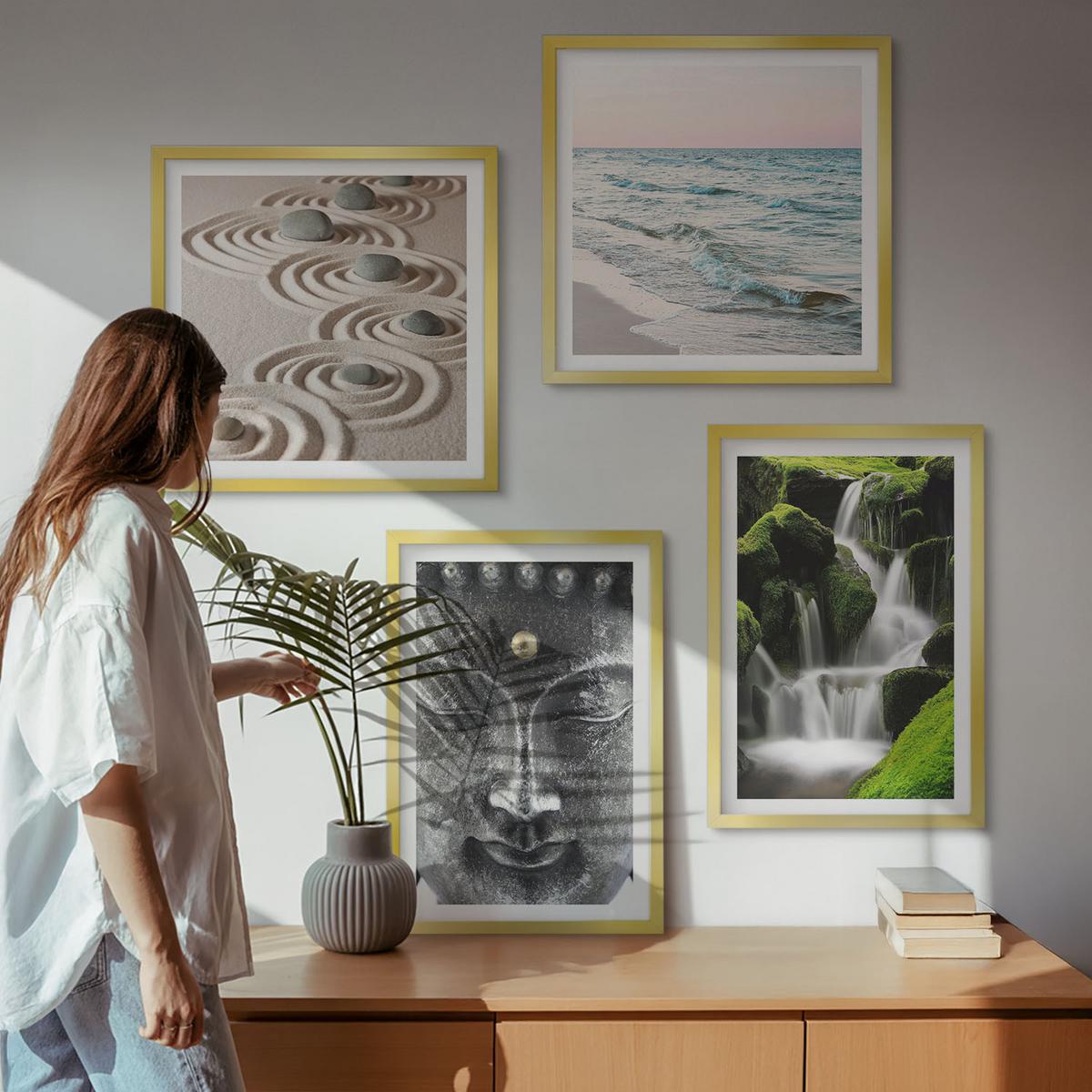 BILDER SET 4er Set - 50x50 cm & 40x60 cm Goldrahmen - Der Frieden der Natur mit Buddha - Goldfarben, Kunststoff (50/50cm) - TULUP