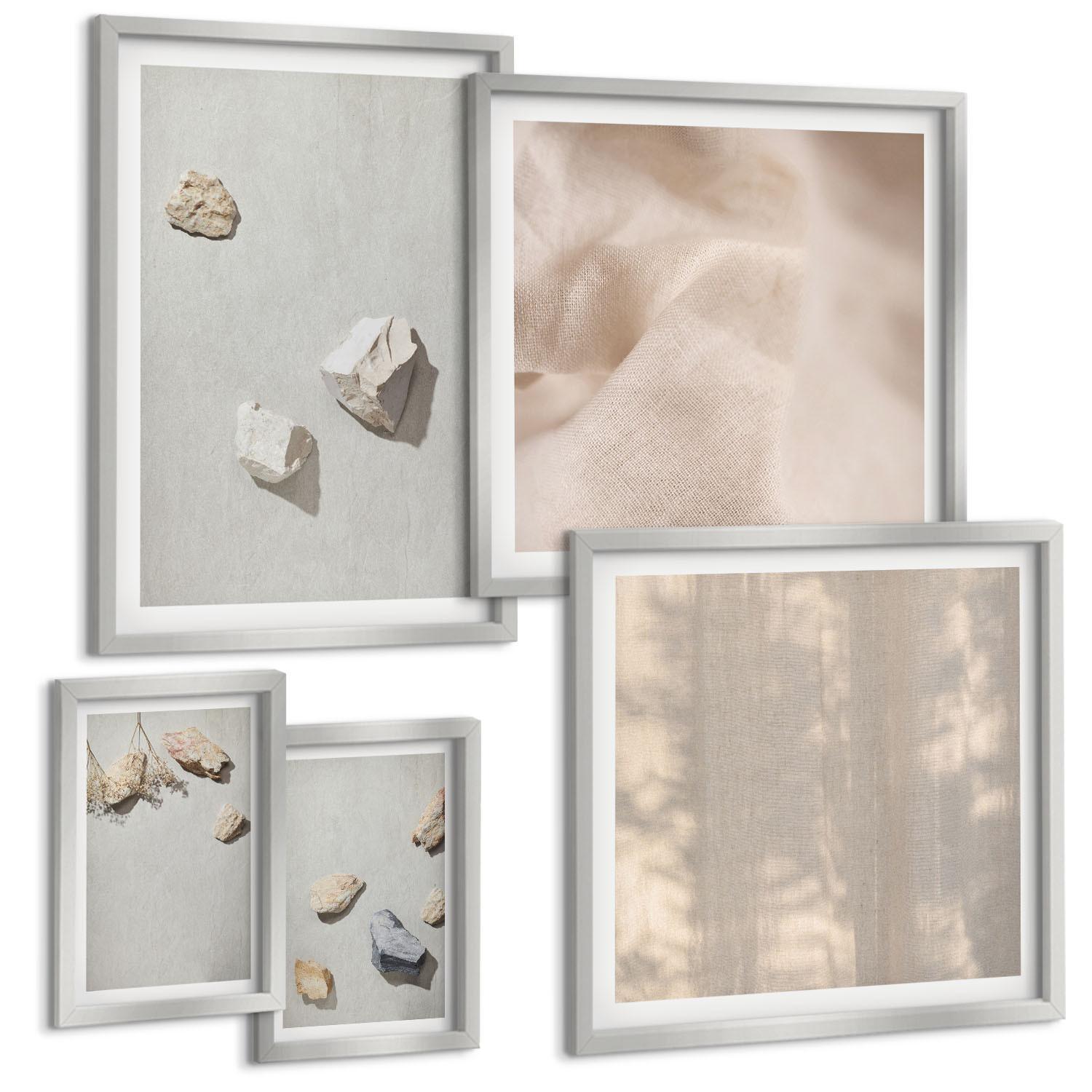 BILDER SET 5er Set - 50x50 cm & 20x30 cm & 40x60 cm Silberner Rahmen - Boho-Stranddekorationen aus Steinen - Silberfarben, Kunststoff (40/60cm) - TULUP