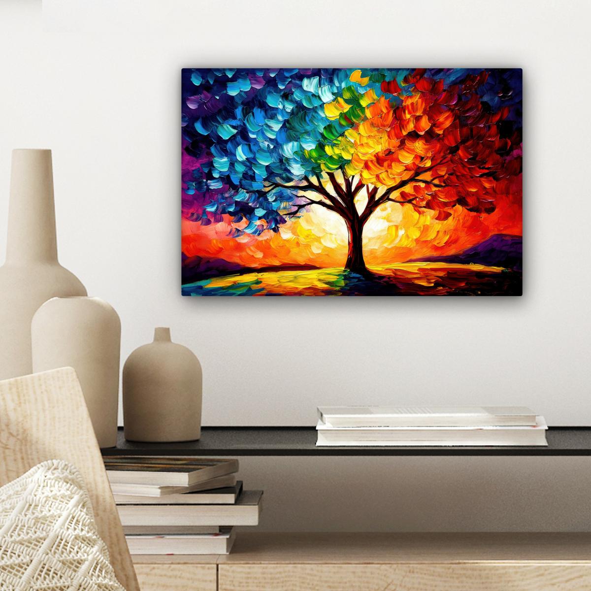 LEINWANDBILD Baum - Kunst - Natur - Sonnenuntergang Deko Schlafzimmer 30x20 cm - Multicolor, Textil (30/20cm) - MuchoWow