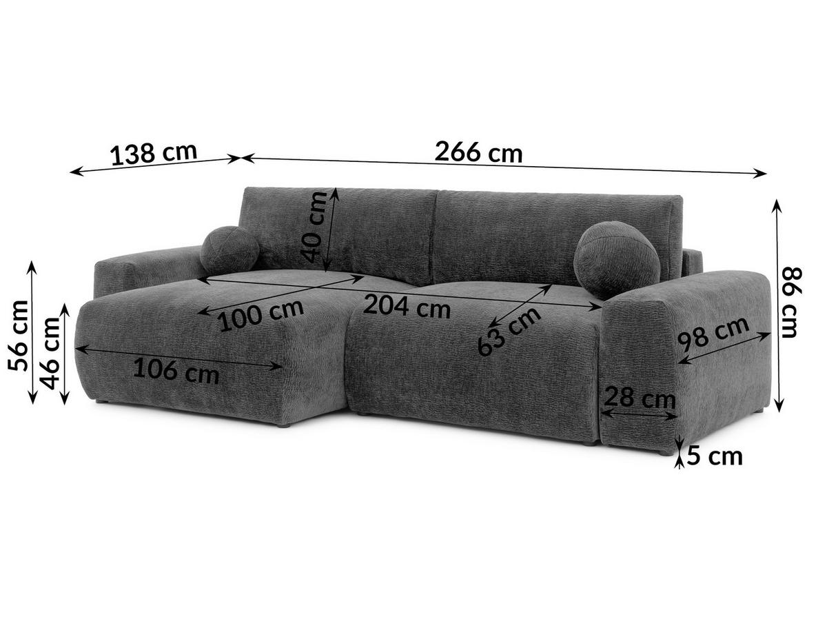 ECKSOFA Puffy mit Schlaffunktion und Bettkasten - besonders weich und puffig aus Dunkelgrau Stoff mit Chenillestruktur - Ottomane links - Dunkelgrau/Schwarz, Holz/Kunststoff (138/266cm) - S-Style Möbel