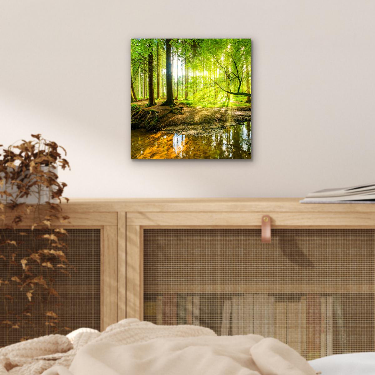 METALLBILD Wald - Landschaft - Wasser - Bäume - Sonne - Grün - Natur 20x20 cm - Grün, Metall (20/20cm) - MuchoWow