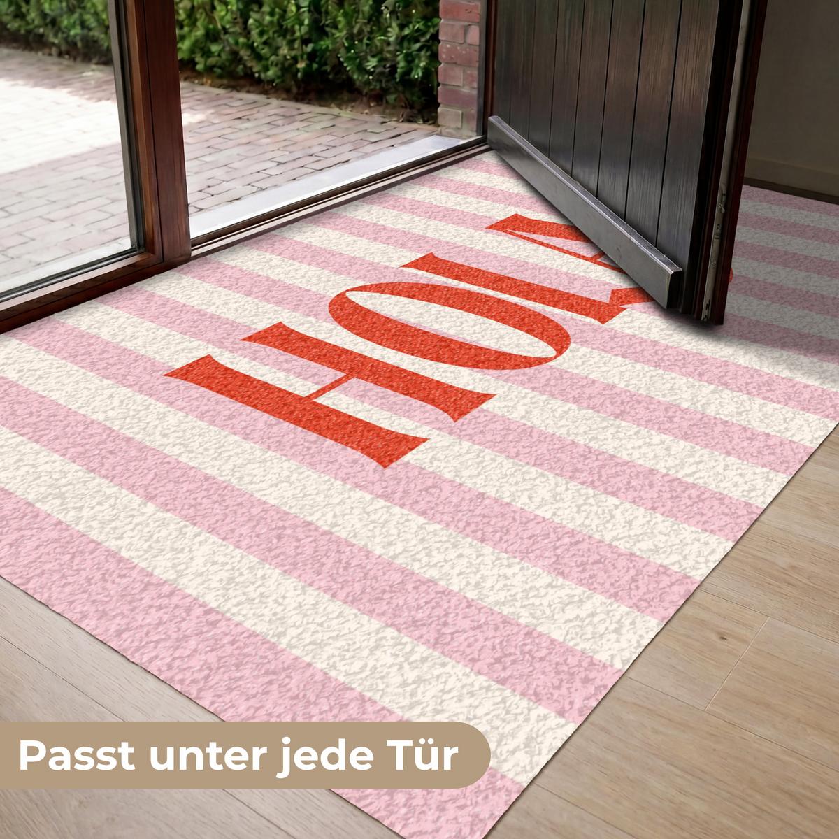 FUSSMATTE Hola - Zitat - Streifen - Pastell - Rosa - Rot - Weiß Schmutzfangmatte 150x90 cm - Rosa, Kunststoff (150/0.4cm) - MuchoWow