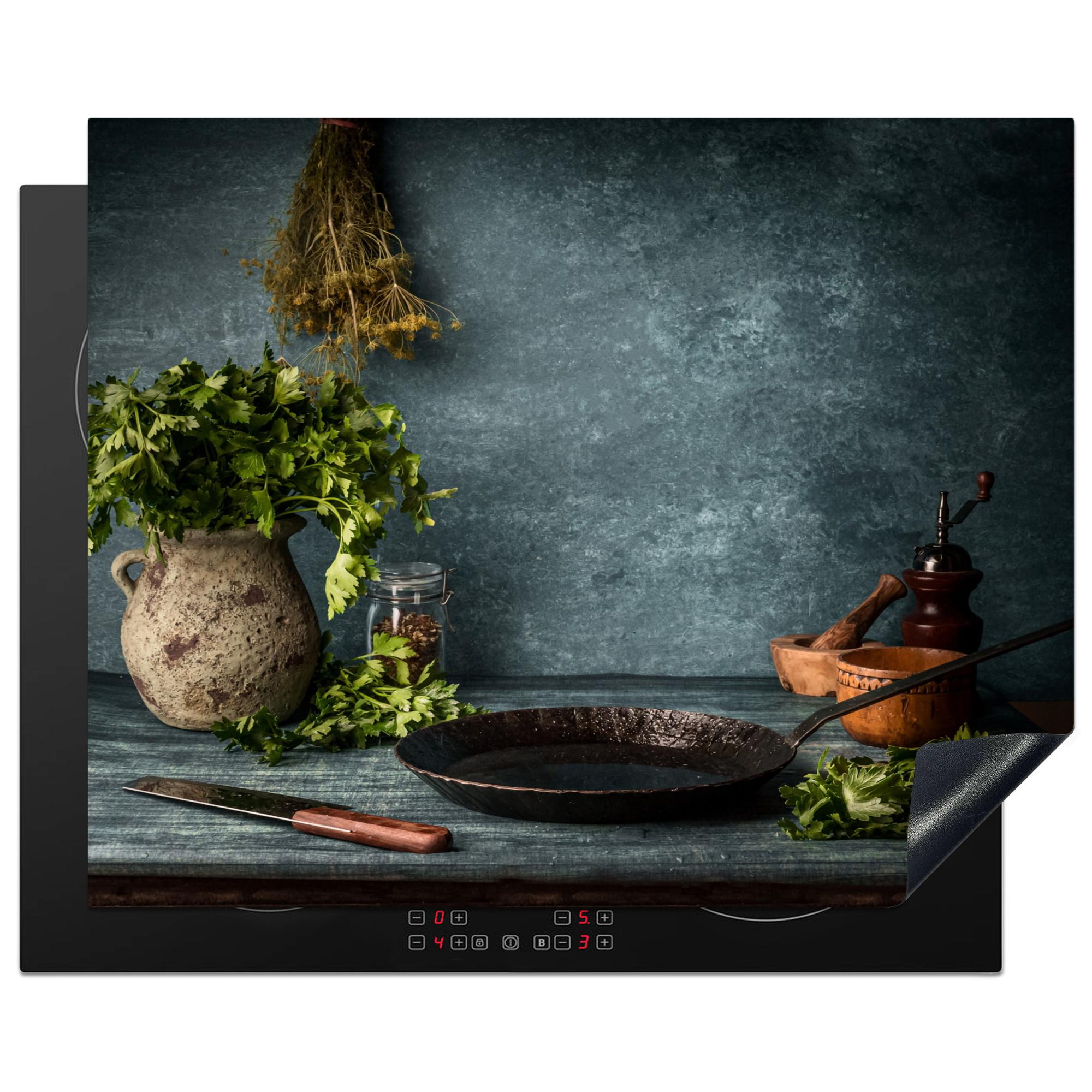 HERDABDECKPLATTE Kräuter - Gewürze - Pfanne - Messer - Grau - Rustikal Herdabdeckung Induktionsfeld 65x52 cm - Petrol, Kunststoff (65/52/0.2cm) - MuchoWow
