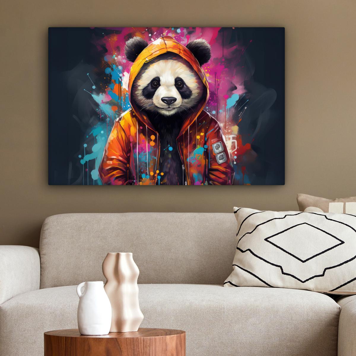 LEINWANDBILD Panda - Jacke - Graffiti - Orange Gemälde 60x40 cm - Orange, Textil (60/40cm) - MuchoWow