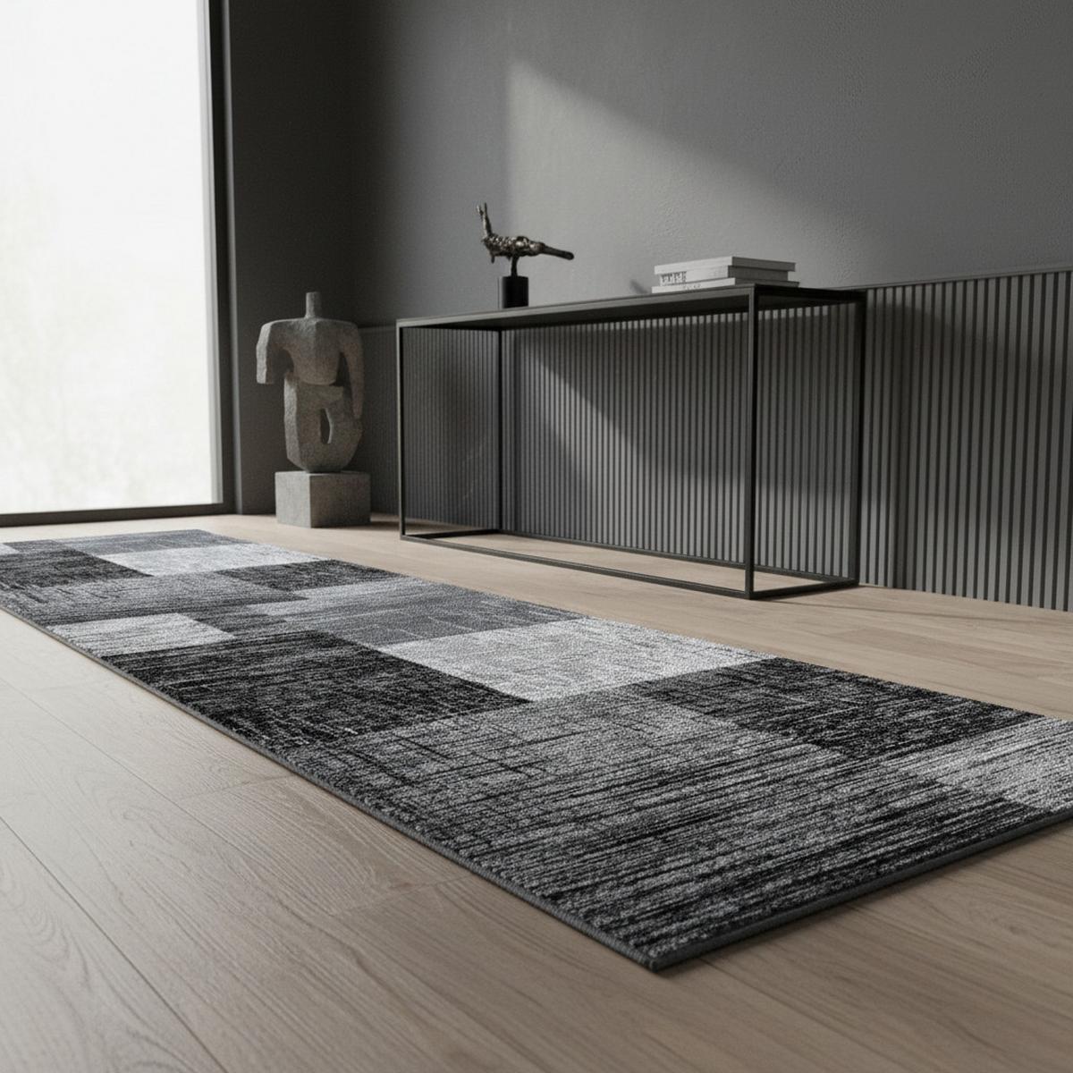TEPPICH Kurzflor INN in Schwarz, abstrakt kariert, 80 x 300 cm - Schwarz, Textil (80/300cm) - KADIMA DESIGN