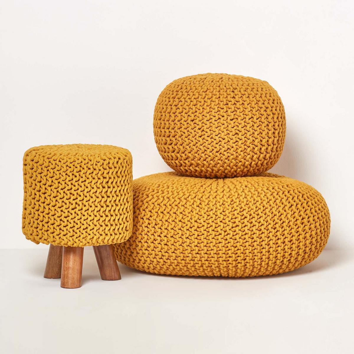 STRICK-HOCKER senfgelb, Dreibein 32/32/42 cm - Currygelb, Textil (32/42/32cm) - Homescapes