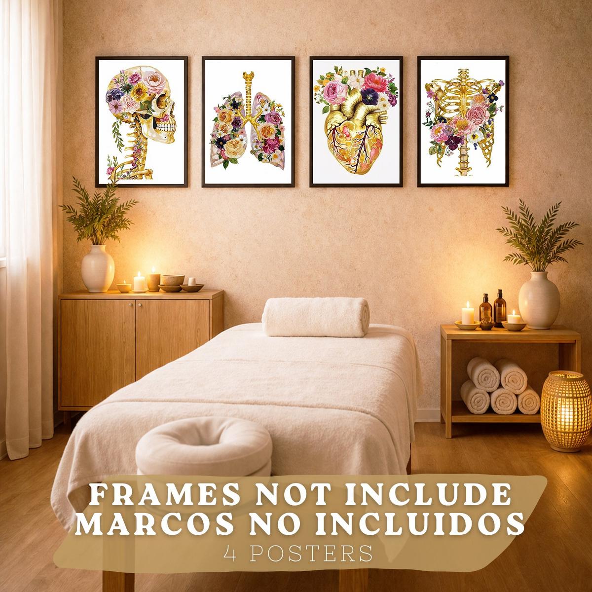 POSTER Set aus 4 Anatomie Mensch Drucke und Wandbilder mit Schädel Skelett Herz und Goldene Lungen Medizinische Wanddekoration Größe Rahmenlos A3 - Klar, Papier (29.7/42/3cm) - Nacnic