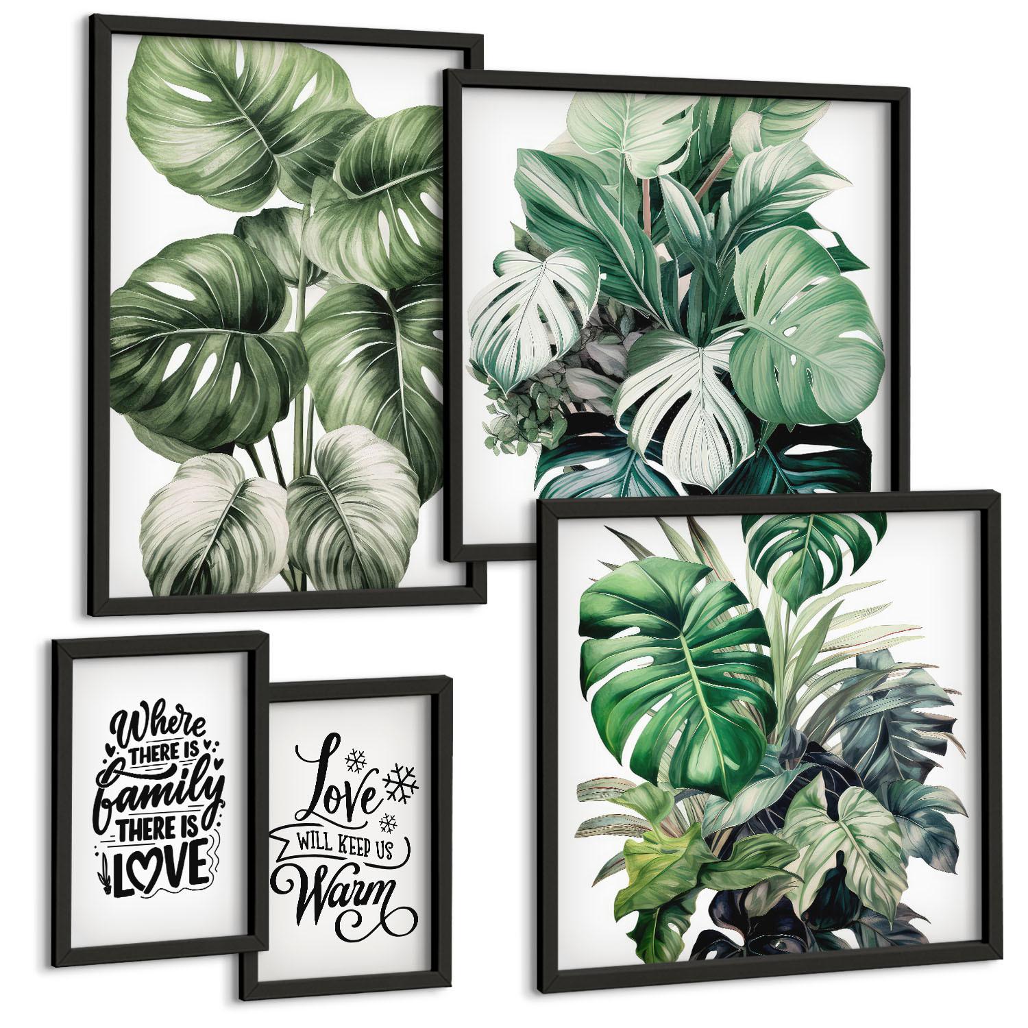 BILDER SET 5er Set - 50x50 cm & 20x30 cm & 40x60 cm Schwarzer Rahmen - Gemalte Abstraktionen der Natur - Schwarz, Kunststoff (40/60cm) - TULUP