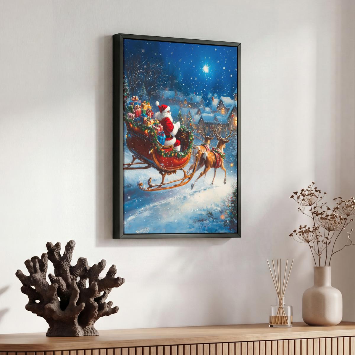 LEINWAND Bilder mit Rahmen - Weihnachtsmann - Rentier - Weihnachten - Schnee - 30x40 - Cognac, Textil (30/40cm) - MuchoWow