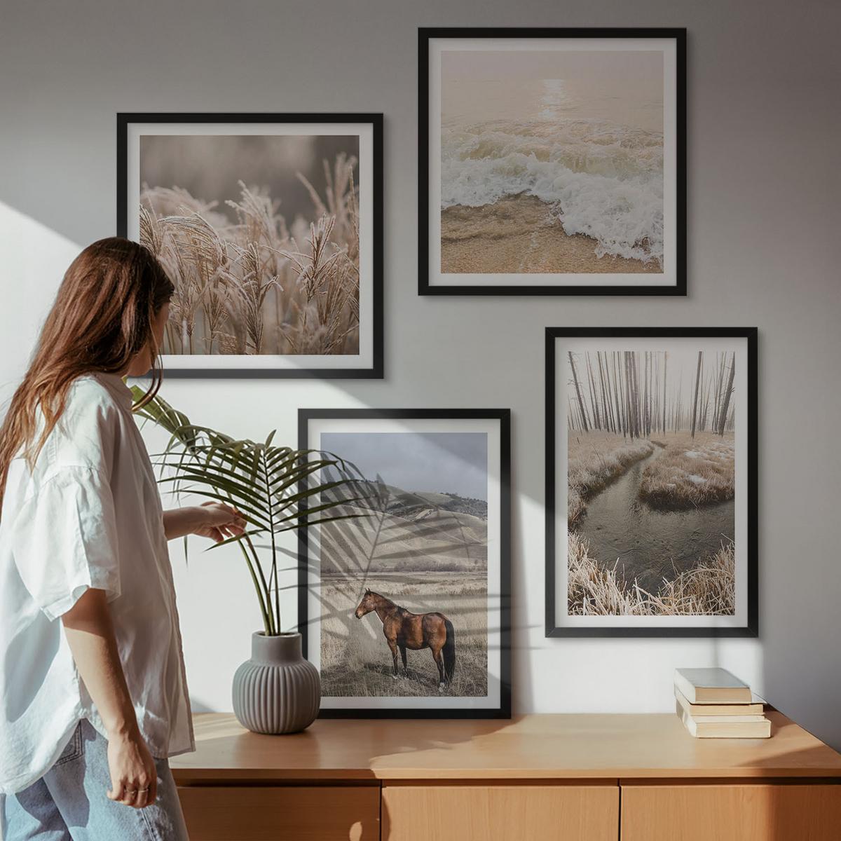 BILDER SET 4er Set - 50x50 cm & 40x60 cm Schwarzer Rahmen - Pferdelandschaft Seegraswald - Schwarz, Kunststoff (50/50cm) - TULUP