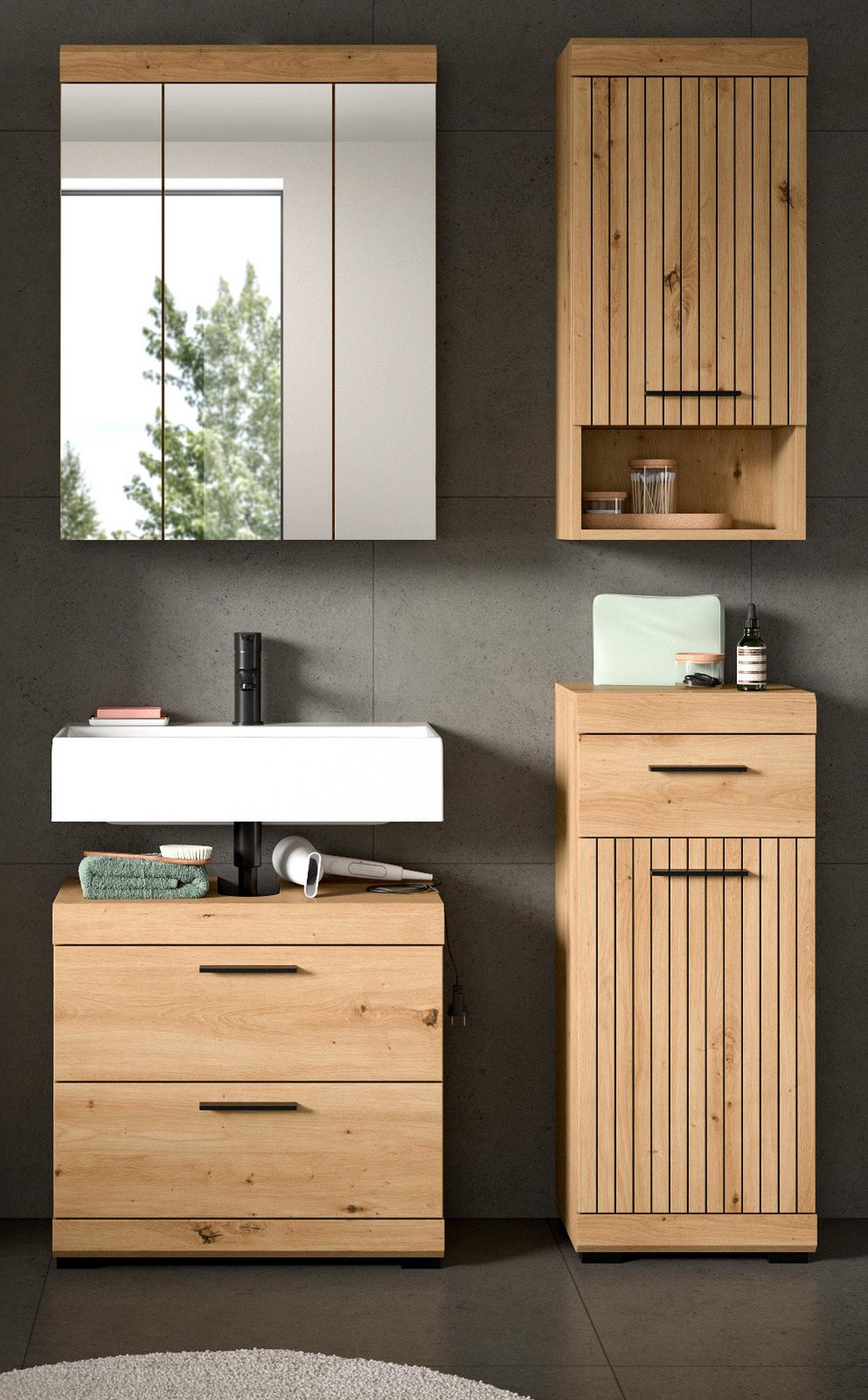 BADMÖBEL-SET Eiche Artisan 112 x 191 cm 4-teilig, Badkombination modernes Design - Schwarz/Eiche Artisan, Glas/Holzwerkstoff (112/191/34cm) - Inn.Furn