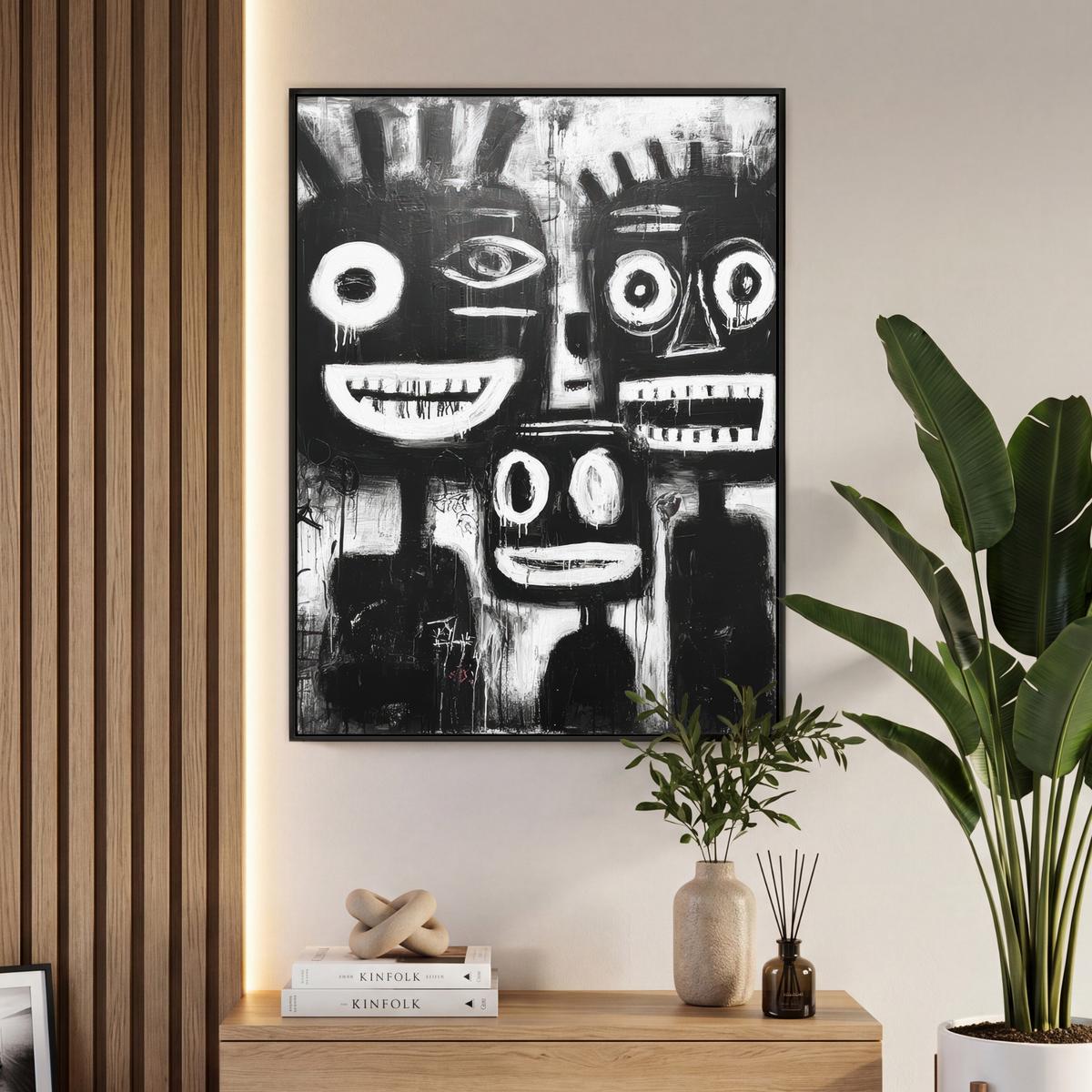 LEINWAND Bilder mit Rahmen - Malerei - Figuren - Schwarz - Abstrakt - 70x100 - Schwarz, Textil (70/100cm) - MuchoWow