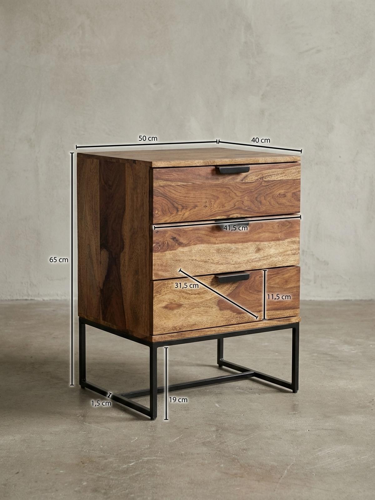 NACHTTISCH – Massivholz/Eisen, 50x40x65 cm, 3 Schubladen, Industrial-Stil - Schwarz/Braun, Holz/Metall (50/65/40cm) - KADIMA DESIGN