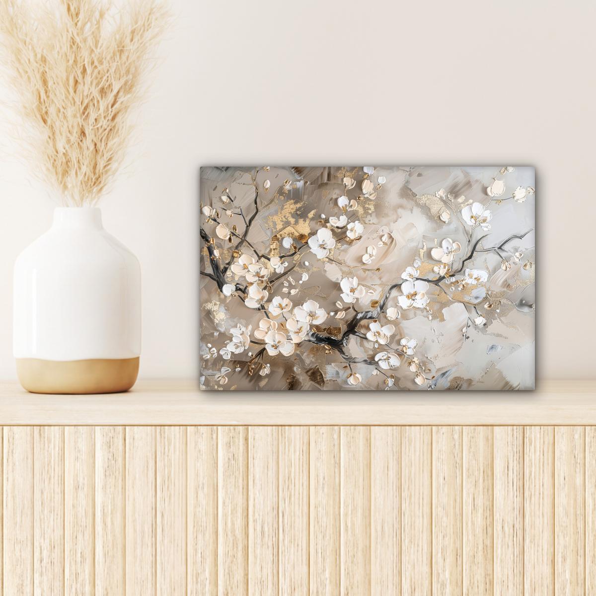 LEINWANDBILD Blumen - Weiß - Gold - Beige - Luxus Deko Schlafzimmer 30x20 cm - Greige, Textil (30/20cm) - MuchoWow