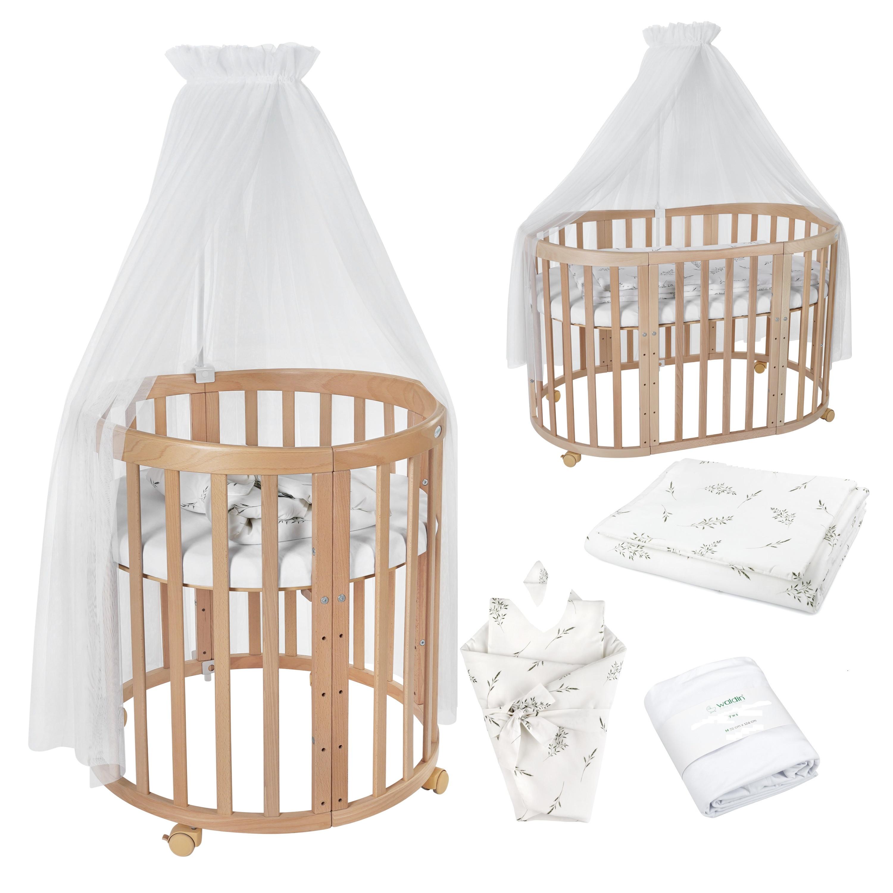 BABYBETT NATUR OVAL 7in1 mit Matratze und Himmelset - Naturfarben/Weiß, Holz/Textil (73/125cm) - waldin