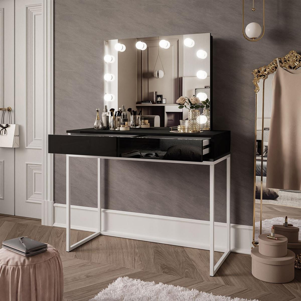 SCHMINKTISCH BLANCO LOFT ELITE mit Spiegel und Beleuchtung Schwarz Hochglanz PUSH OPEN - Schwarz Hochglanz/Silberfarben, Holzwerkstoff (100/146/42cm) - Lookway