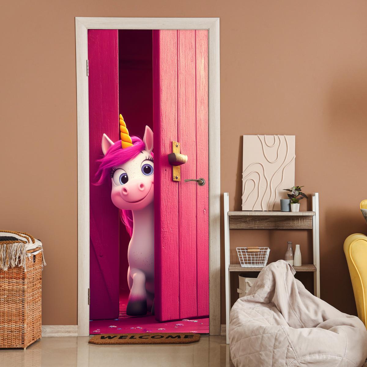 TÜRAUFKLEBER Einhorn - Rosa - Tür - Fantasie 80x215 cm - Türtapete - Pink, Kunststoff (80/0.1cm) - MuchoWow