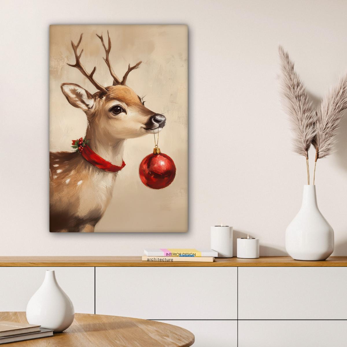 LEINWANDBILD Weihnachten - Hirsch - Geweih - Weihnachtskugel - Rentier Wanddeko Schlafzimmer 60x90 cm - Hellbraun, Textil (60/90cm) - MuchoWow