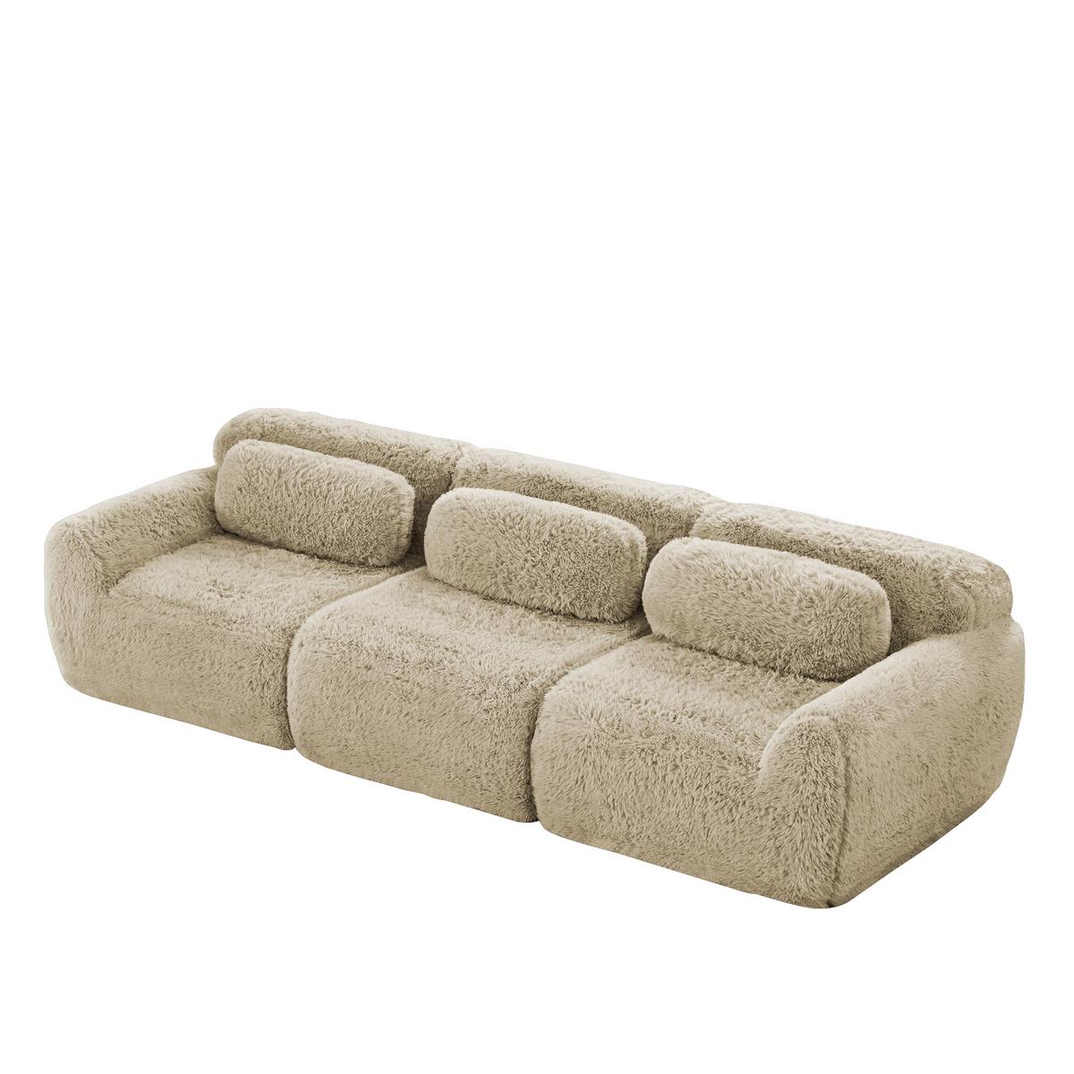 3-SITZER SOFA plüschstoff in hellkhaki, rahmenlos & montagefrei - Hellgelb, Textil (291/73/104cm) - Urban Meuble