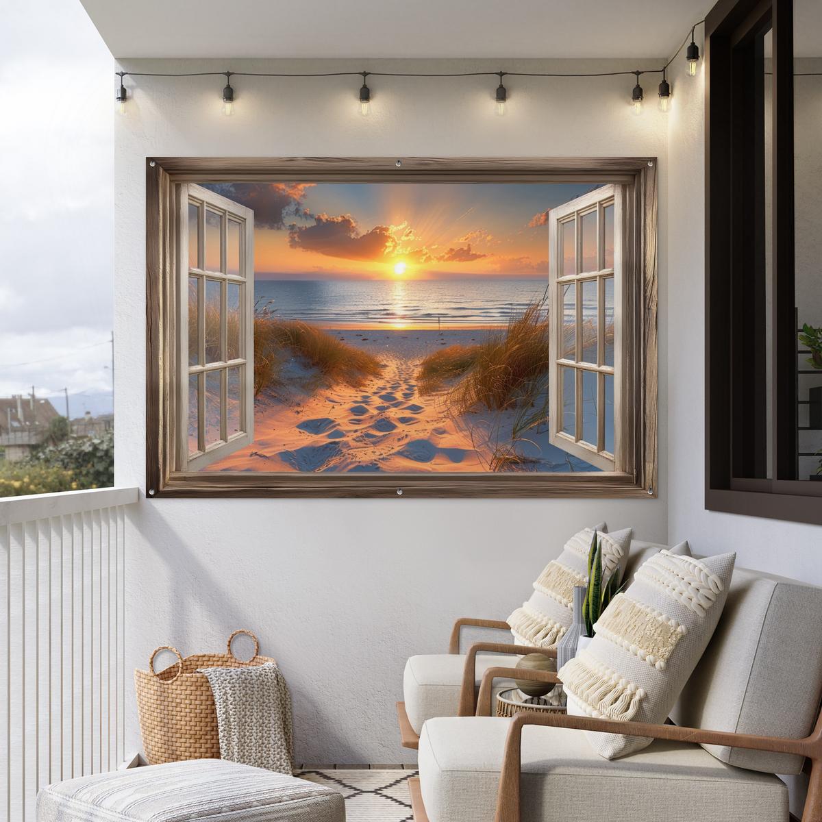 GARTENPOSTER Durchblick - Strand - Dünen - Sonnenuntergang Poster für draußen 180x120 cm - Orange, Kunststoff (180/120/0.2cm) - OnlyWow