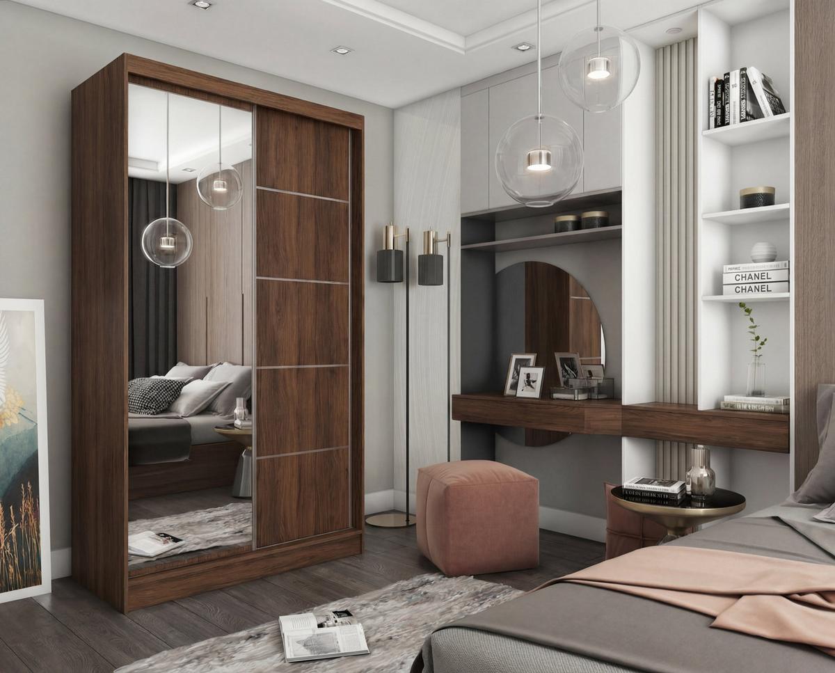 SCHWEBETÜRENSCHRANK MIRELLA 120/216/61 cm Modern Kleiderschrank 2-türig mit Spiegel Nussbaumfarben - Nussbaumfarben, Holzwerkstoff (120/216/61cm) - MASSENO