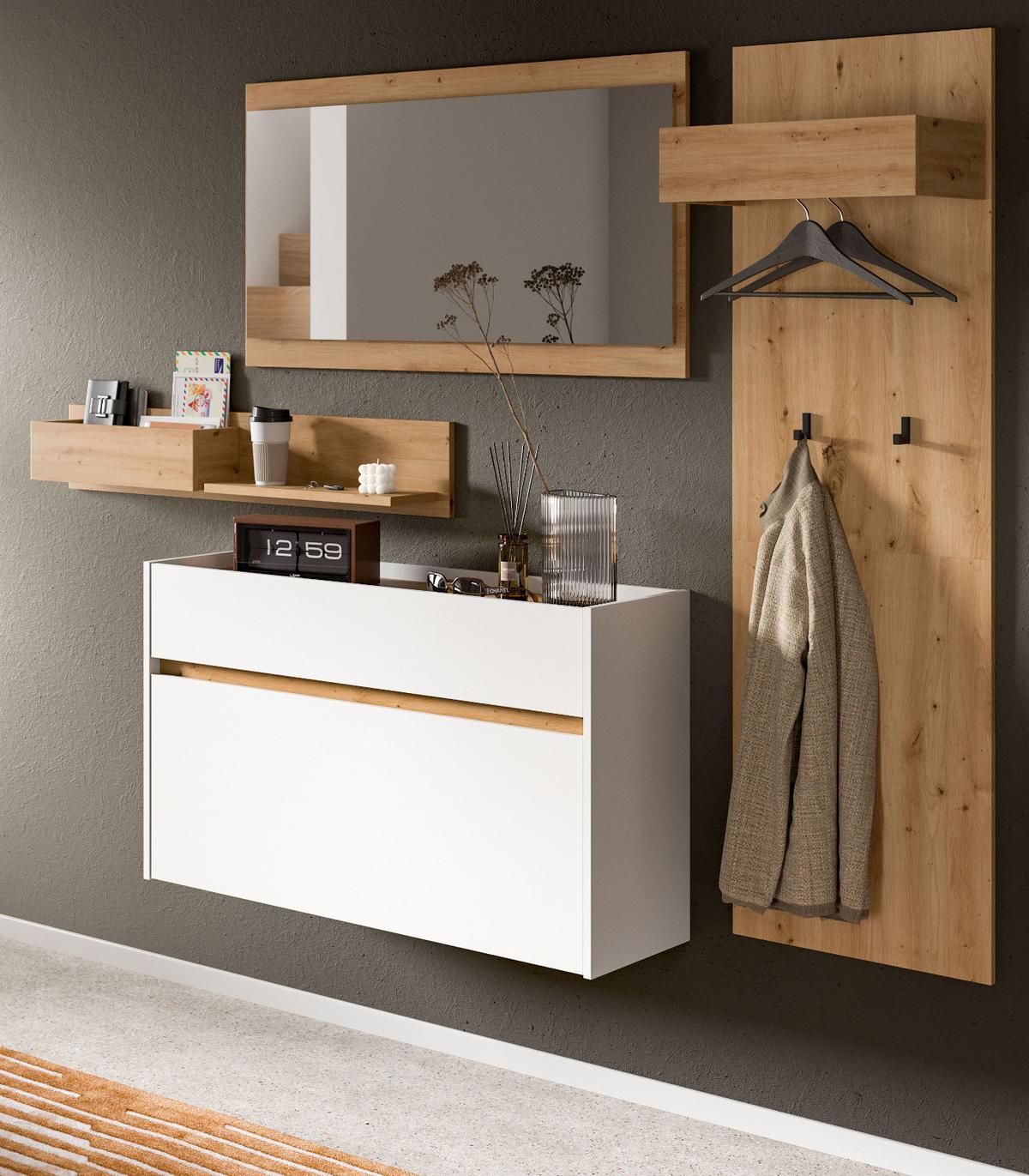 GARDEROBE-SET weiß und Artisan Eiche, Garderobe 4-teilig, 205 x 192 cm, Borga - Weiß/Eiche Artisan, Holzwerkstoff (205/192/32cm) - Inn.Furn