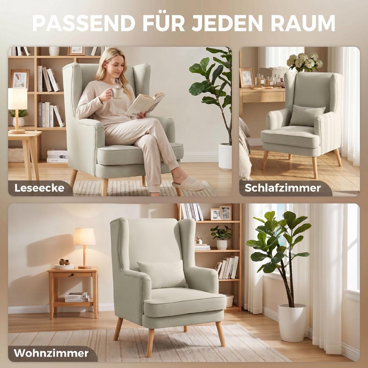 OHRENSESSEL Leinen Gummiholz Beige - Beige/Naturfarben, Holz/Textil (77/110/77cm) - HOMCOM