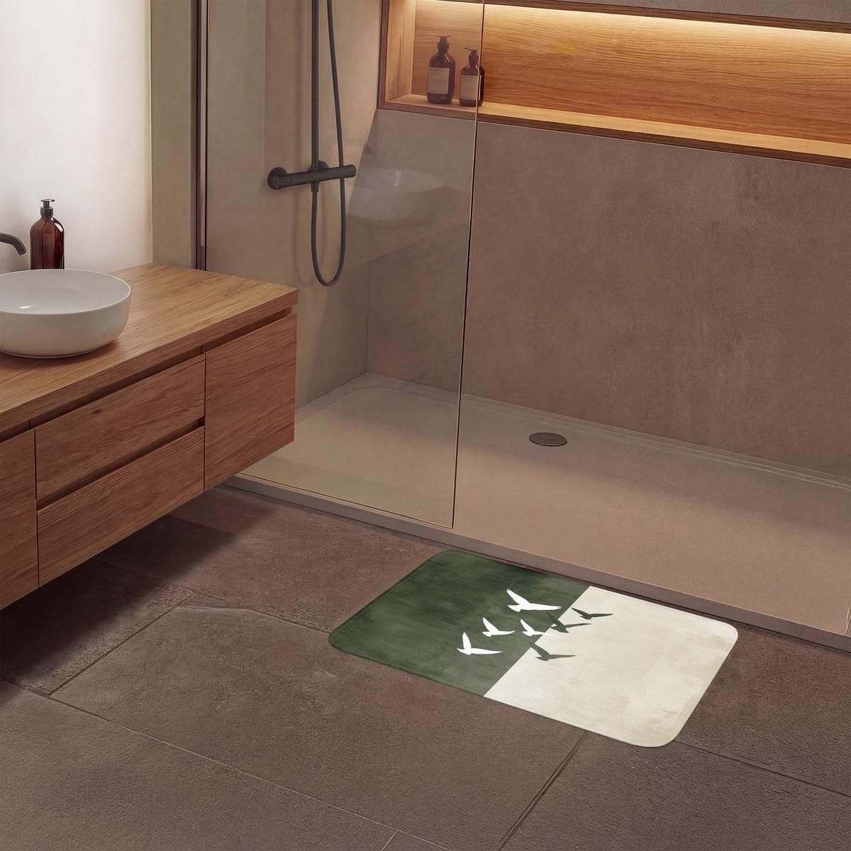 BADEMATTE Japandi - Vogel - Grün 80x50 cm - Olivgrün, Textil (80/50cm) - OnlyWow