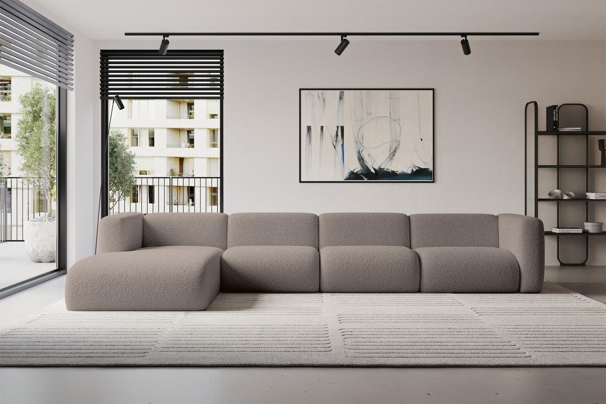 ECKSOFA Ottomane Links MIRA-L3 409x179x70 Braun Bouclé - Dunkelbraun/Schwarz, Holzwerkstoff/Kunststoff (409/179cm) - ALTDECOR