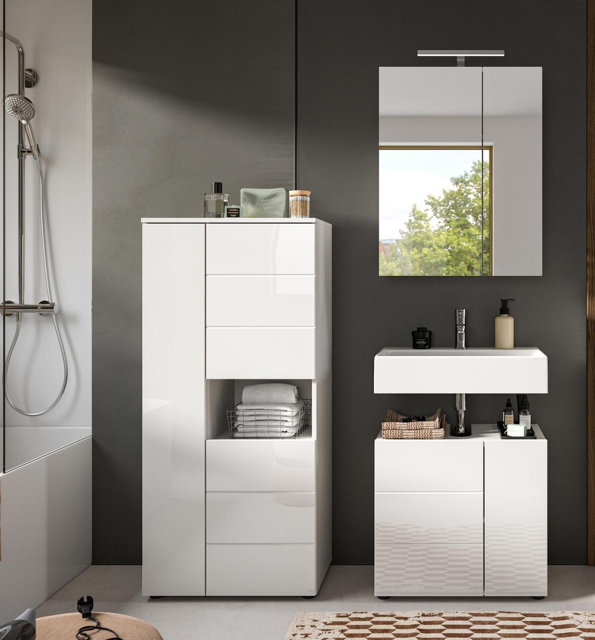 WASCHBECKENUNTERSCHRANK weiß Hochglanz 60 cm, Bad Unterschrank 2-türig - Weiß Hochglanz/Schwarz, Holzwerkstoff/Kunststoff (60/56/34cm) - Inn.Furn