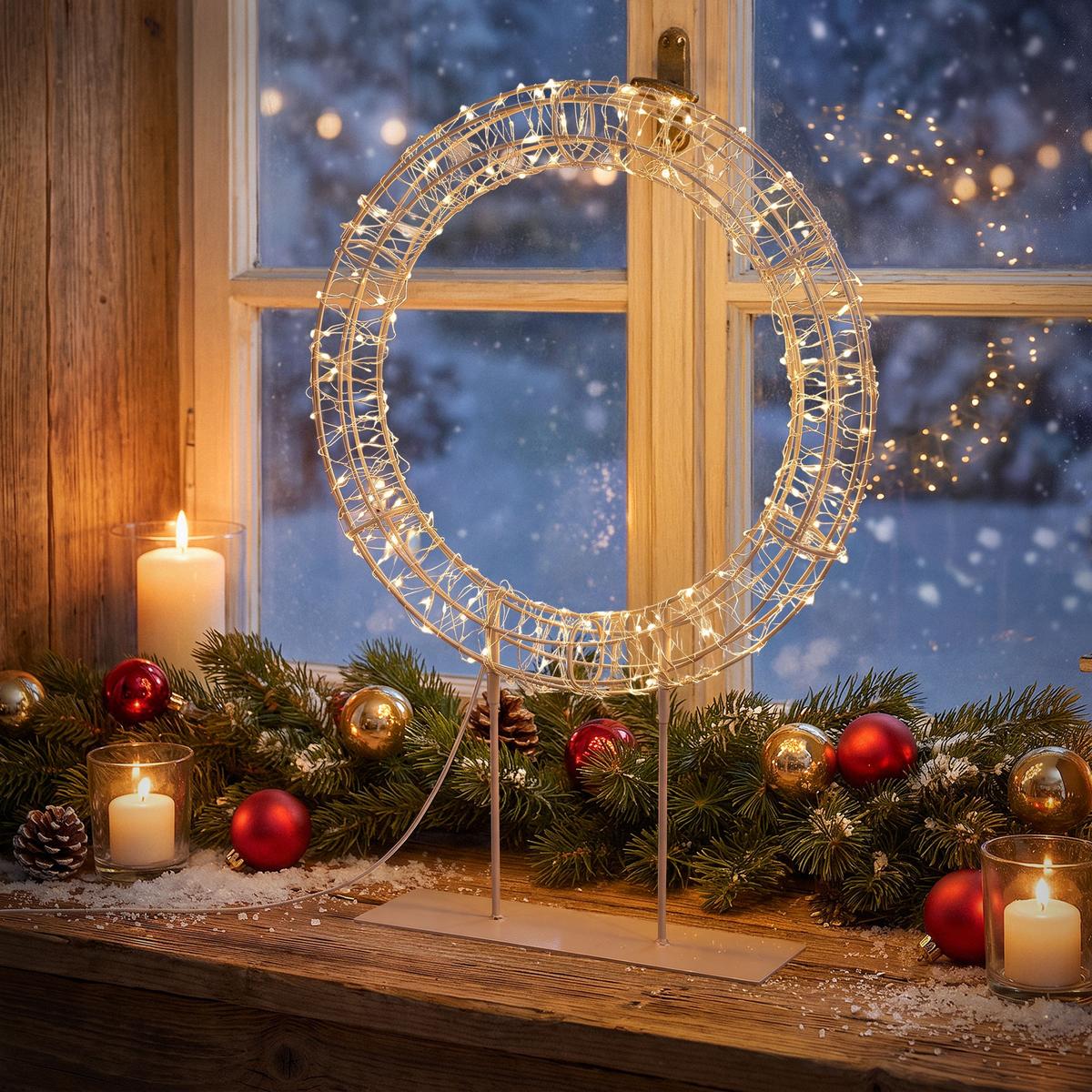 LED WEIHNACHTSKRANZ 53 cm mit Sockel Weihnachtsdeko mit Lichterkette 300 LED Warmweiß - Beige, Metall (38/53/8cm) - ECD-Germany