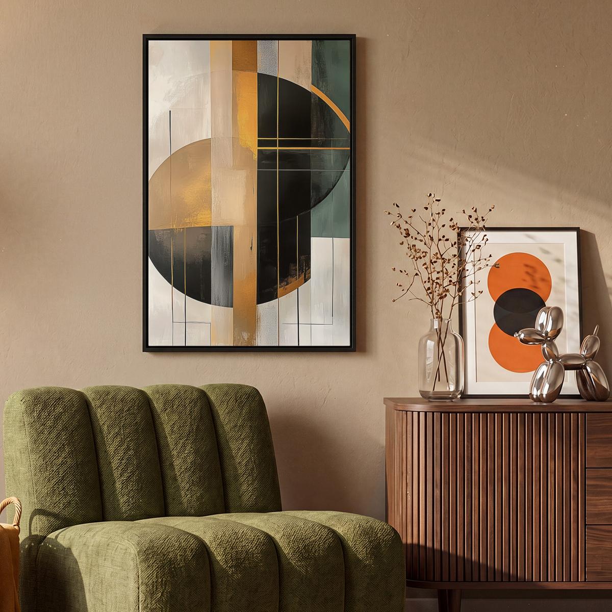 LEINWAND Bilder mit Rahmen - Abstrakt - Gold - Bronze - Grün - Formen - Modern - 60x90 - Multicolor, Textil (60/90cm) - MuchoWow