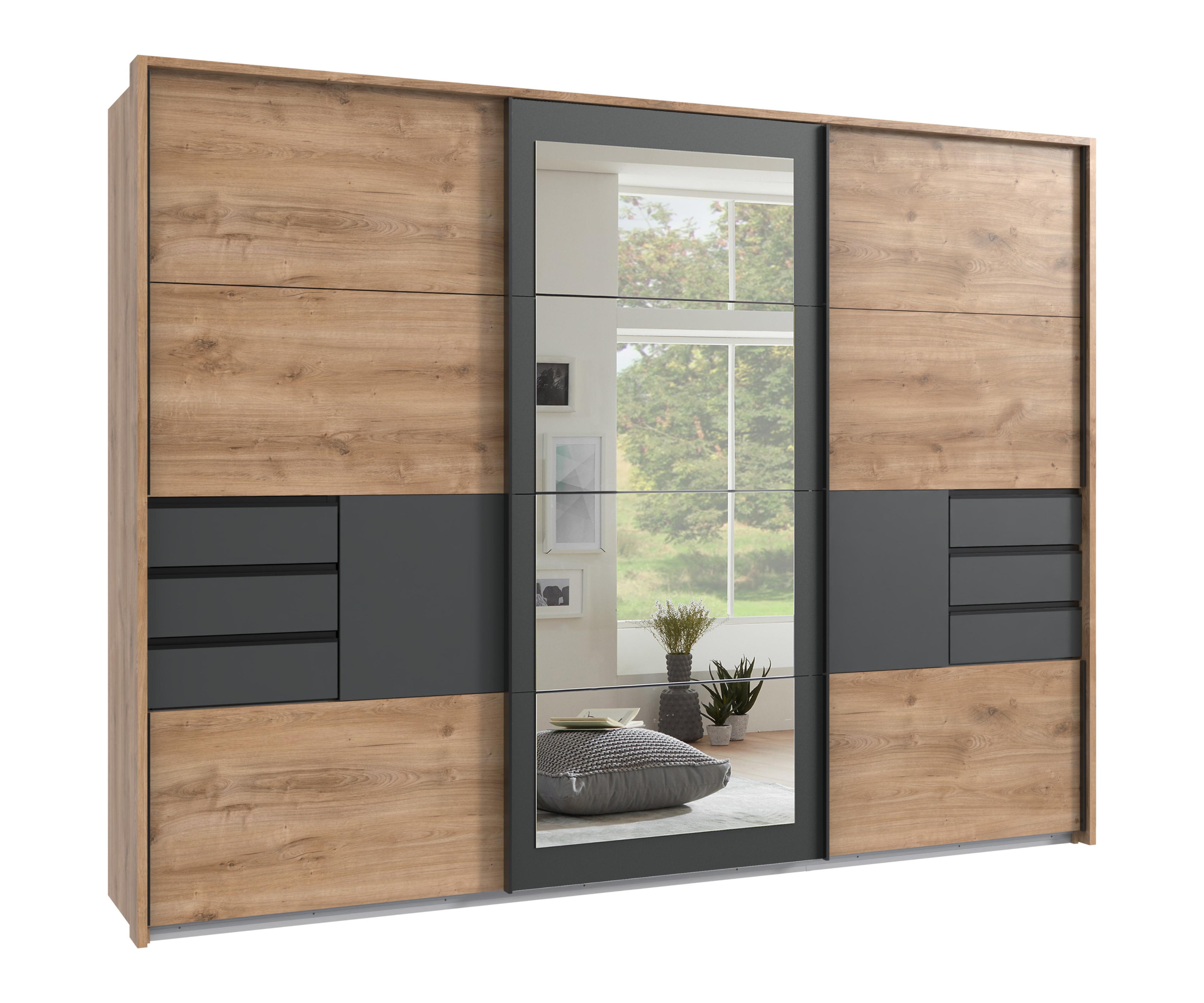 SCHWEBETÜRENSCHRANK 3-türig B273/H213/64cm, Eiche Dekor mit Absetzungen in Grafit, Passepartout&Spiegel&Schubladen,Kleiderschrank inkl.Vollaus./ 22506 - Blau/Eichefarben, Holzwerkstoff/Metall (273/213/64cm) - luma-home