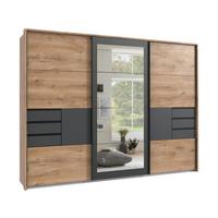 SCHWEBETÜRENSCHRANK 3-türig B273/H213/64cm, Eiche Dekor mit Absetzungen in Grafit, Passepartout&Spiegel&Schubladen,Kleiderschrank inkl.Vollaus./ 22506 - Blau/Eichefarben, Holzwerkstoff/Metall (273/213/64cm) - luma-home