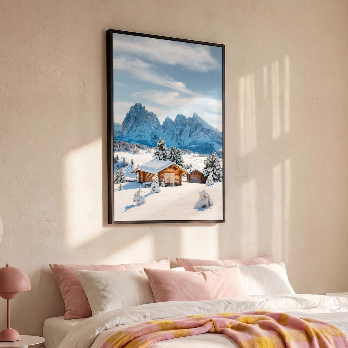 LEINWAND Bilder mit Rahmen - Winter - Hütte - Berge - Aussicht - Schnee - 100x150 - Eichefarben, Textil (100/150cm) - MuchoWow