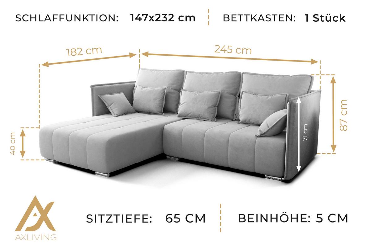ECKSOFA L Form Florinna Beige 245/182/87 cm mit Schlaffunktion - Chromfarben/Beige, Textil/Metall (245/182cm) - AX Living