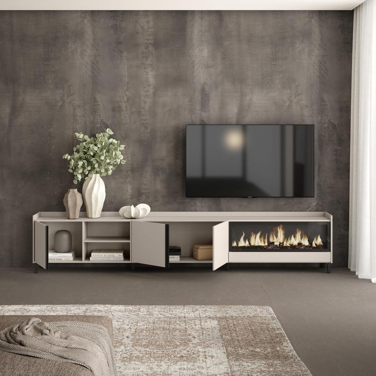 LOWBOARD, Beige, 315/35/61cm, Kamin mit Feuereffekt XXL - Beige, Holzwerkstoff (315/61/35cm) - Skraut Home