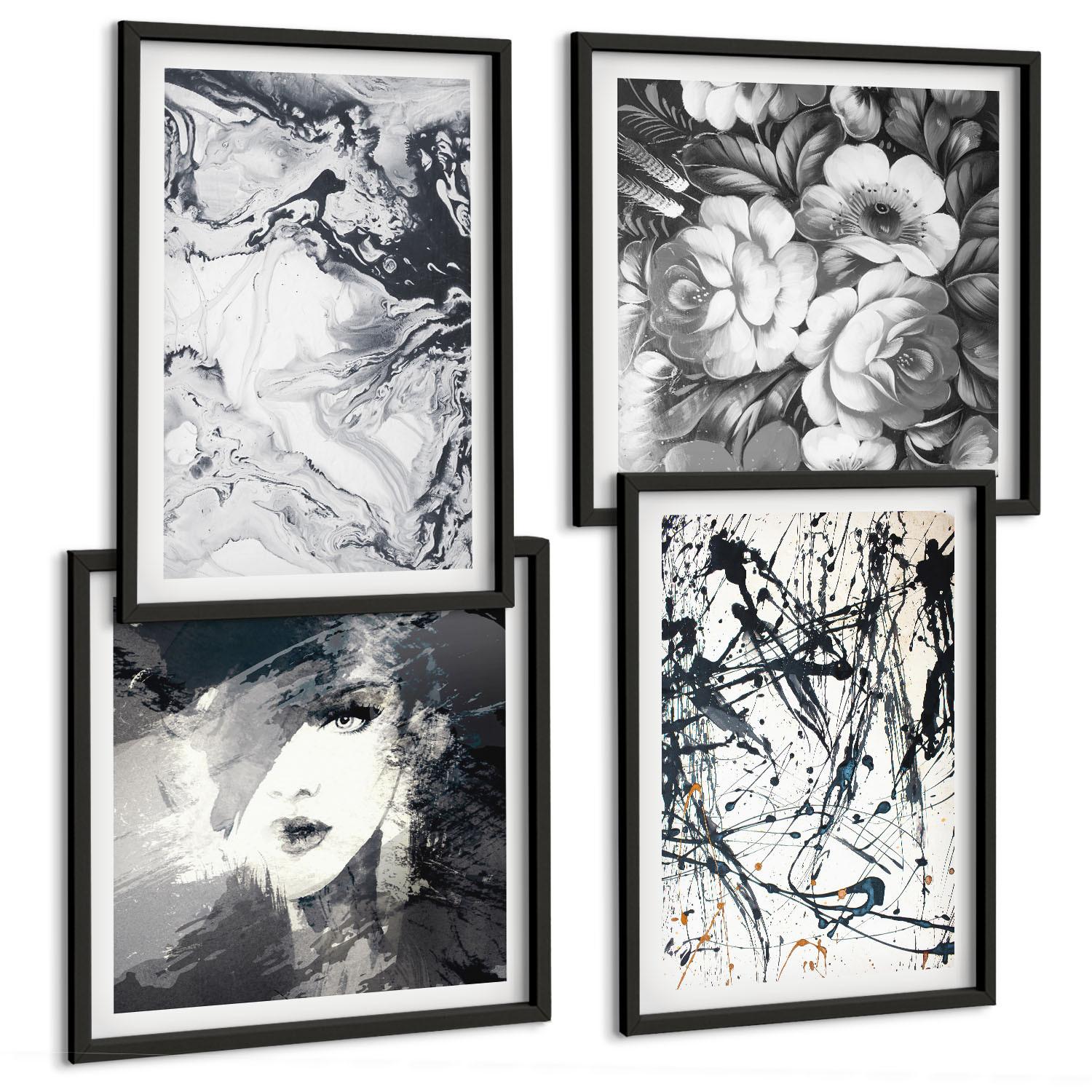 BILDER SET 4er Set - 50x50 cm & 40x60 cm Schwarzer Rahmen - Abstrakte schwarz-weiße Muster - Schwarz, Kunststoff (50/50cm) - TULUP
