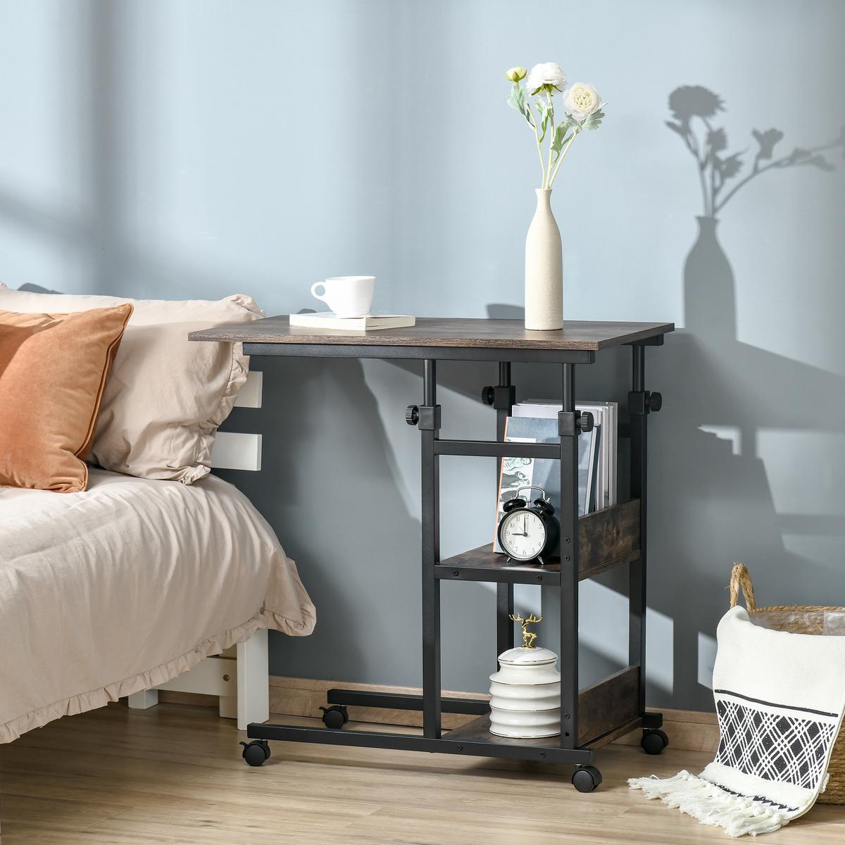 BEISTELLTISCH Couchtisch mit Rollen höhenverstellbar 2 untere Regale Esszimmer - Braun, Kunststoff (80/40/82cm) - HOMCOM