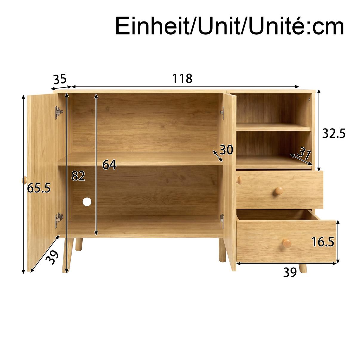 SIDEBOARD 118cm mit gewölbten Türen, 2 Schubladen, für Wohnzimmer - Naturfarben, Holzwerkstoff (118/82/35cm) - Urban Meuble