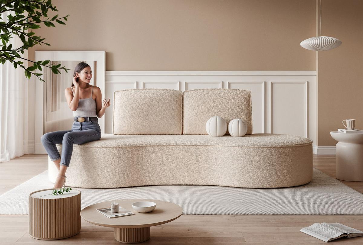 2-SITZER-SOFA SOFIA Bouclé-Stoff in Creme - Creme/Schwarz, Kunststoff/Textil (234/88/101cm) - Idohome
