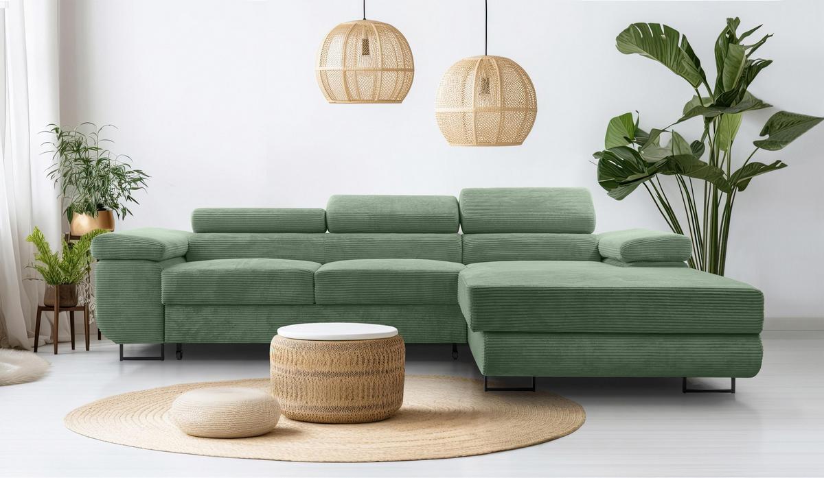 ECKSOFA L Form Arborio Salbeigrün 280/203/90 cm Rechts mit Schlaffunktion - Schwarz/Grün, Textil/Metall (280/203cm) - AX Living
