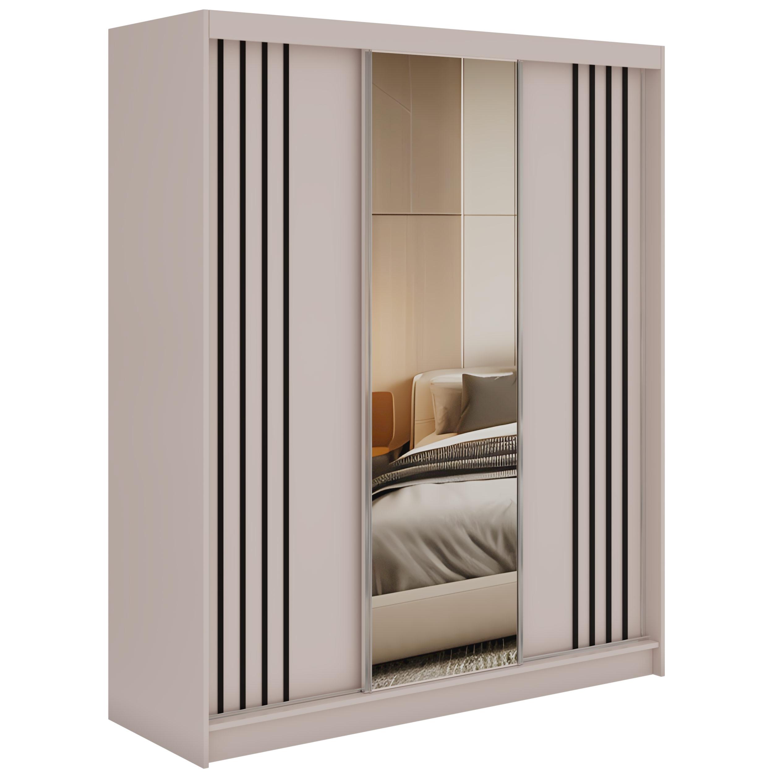 SCHWEBETÜRENSCHRANK mit Lamellen, Spiegel und Schubladen DIANA - 180 - Kaschmir und Schwarz - Kaschmir/Schwarz, Holzwerkstoff/Metall (180/216/61cm) - MKS