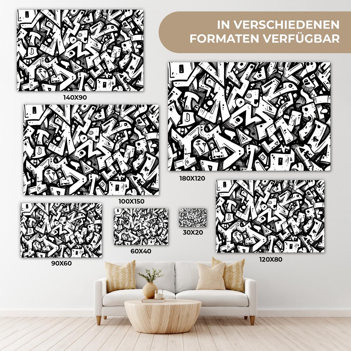 LEINWANDBILD Formen - Buchstaben - Graffiti - Schwarz Wohnzimmer Groß 120x80 cm - Schwarz, Textil (120/80cm) - MuchoWow