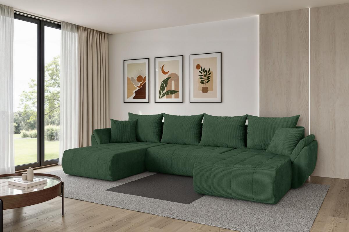 WOHNLANDSCHAFT mit Schlaffunktion und Bettkasten TOKO-U 378x194x86 Grün Cord - Dunkelgrün/Schwarz, Holzwerkstoff/Kunststoff (378/86/194cm) - ALTDECOR