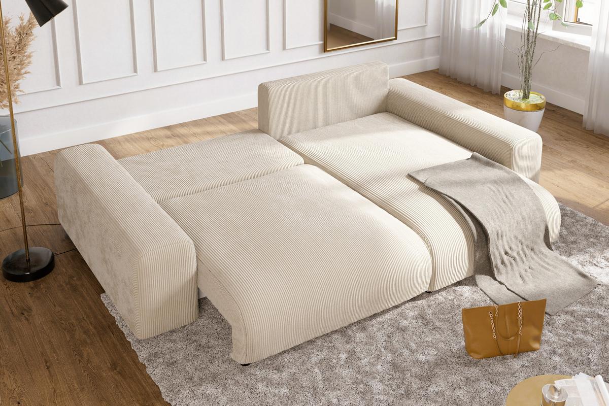 ECKSOFA mit Schlaffunktion, Bettkasten, Wellenunterfederung, seitenverkehrt montierbar B255/T165/H84 cm, Liegefl. 148x196 cm, Cord Beige / 21001 - Beige/Schwarz, Kunststoff/Textil (255/165cm) - luma-home