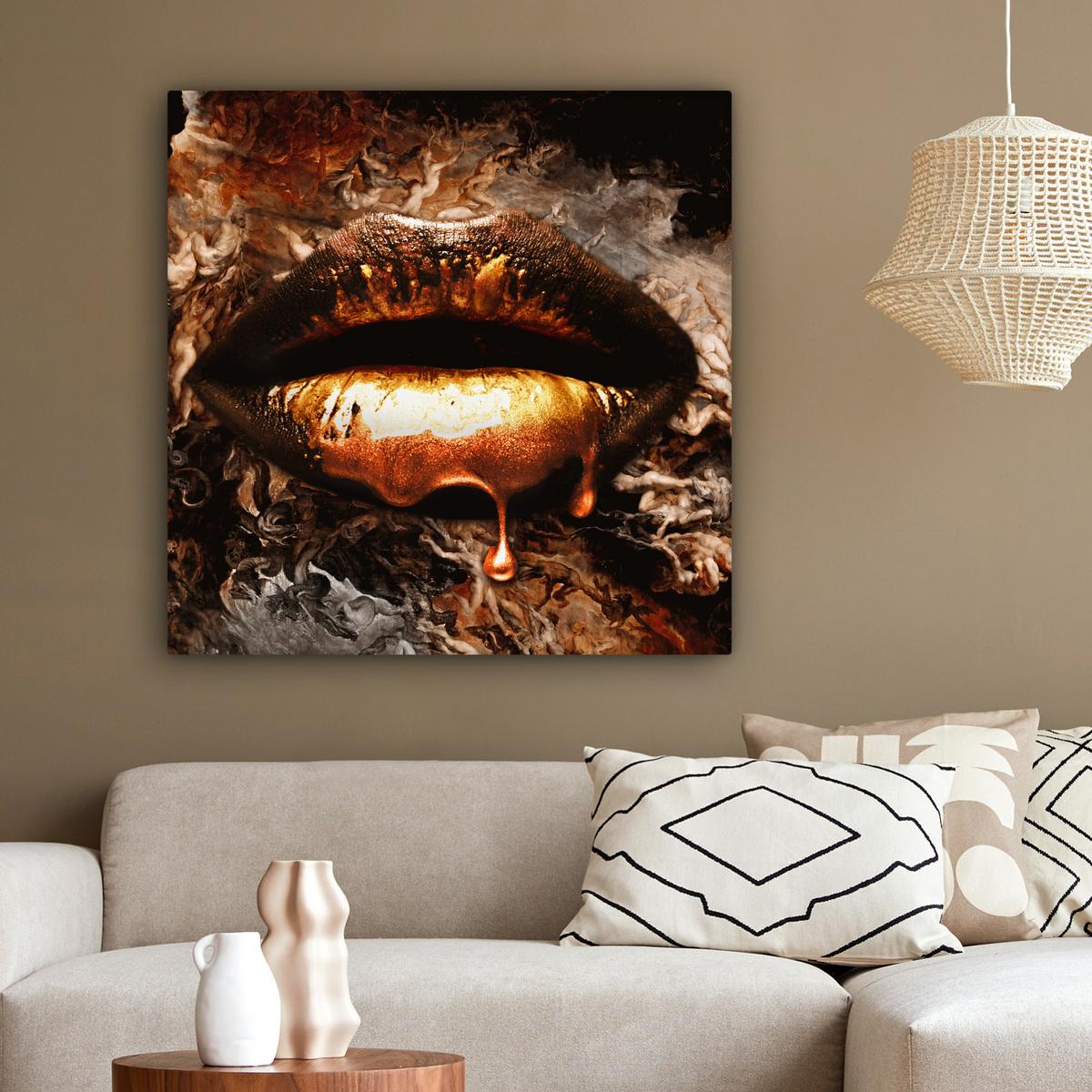 LEINWANDBILD Gold - Lippen - Kunst - Gold - Luxus - Abstrakt Deko Groß 90x90 cm - Kupferfarben, Textil (90/90cm) - MuchoWow
