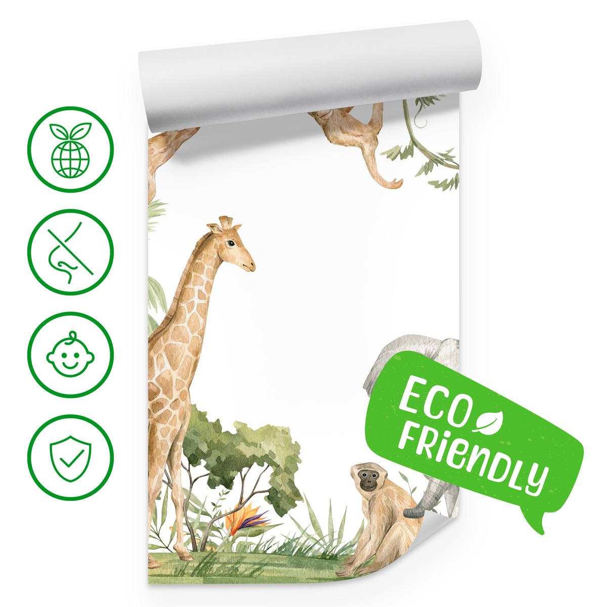 FOTOTAPETE für Kinderzimmer Dschungel Tiere Giraffe Elefant Palmen 200x140 - Beige/Rot, Papier (200/140cm) - Muralo