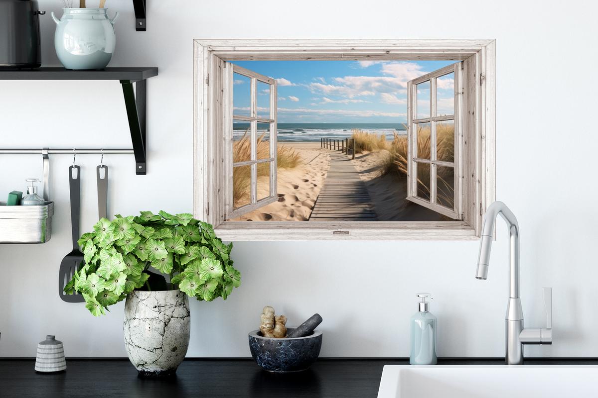 WANDTATTOO Fenster - Meer - Küste - Natur - Ausblick - Strand - Wattenmeer Deko Wohnzimmer 60x40 cm - Beige, Kunststoff (60/40/0.1cm) - MuchoWow