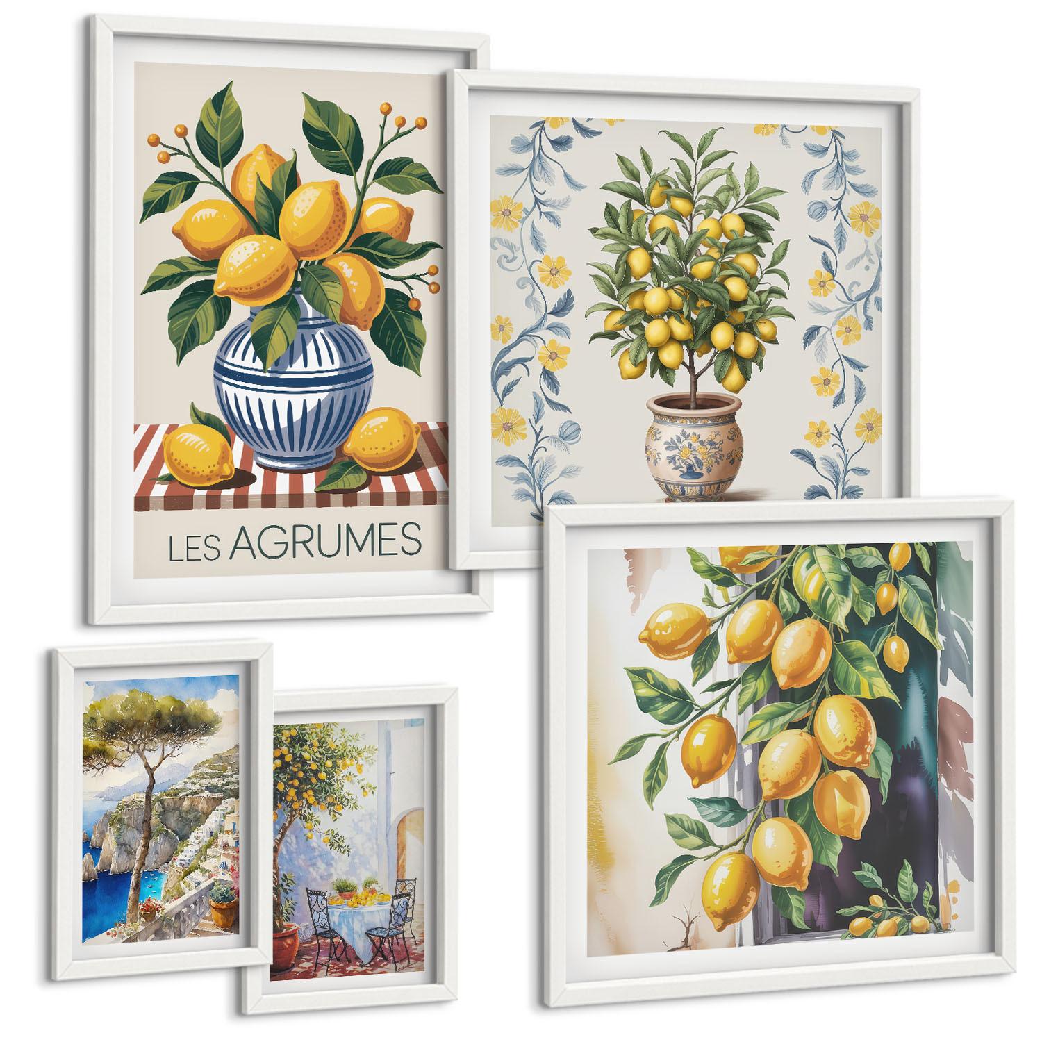 BILDER SET 5er Set - 50x50 cm & 20x30 cm & 40x60 cm Weißer Rahmen - Zitronenbäume am Meer - Weiß, Kunststoff (40/60cm) - TULUP